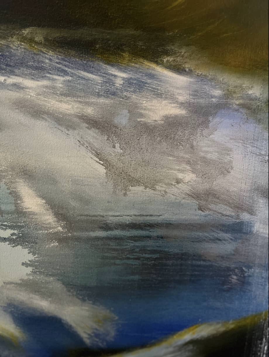  Detail of Abstract Figures in Landscape #34 showing layered blue oil paint and expressive brushwork