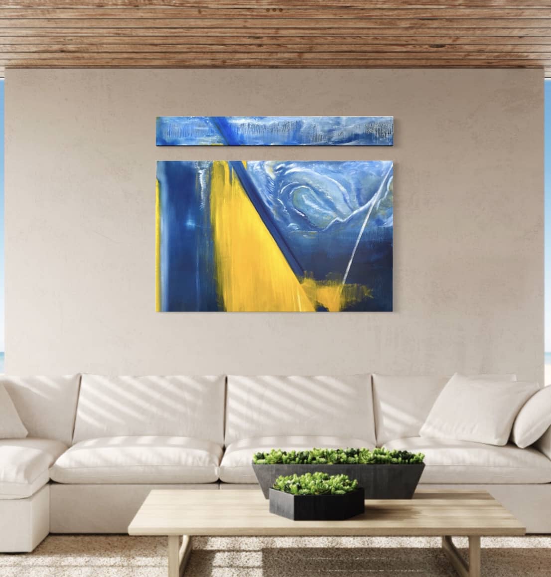 Two-canvas abstract figurative landscape oil painting #37 in an interior setting
