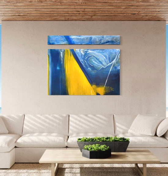 Two-canvas abstract figurative landscape oil painting #37 in an interior setting
