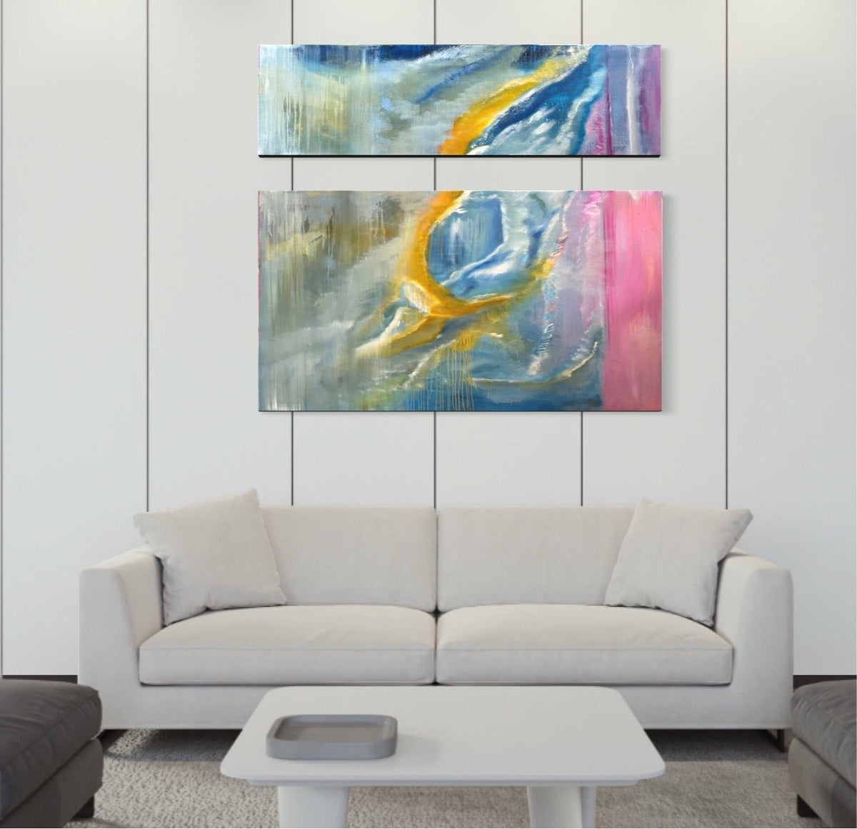     Two-canvas abstract figurative landscape oil painting #38 in an interior setting