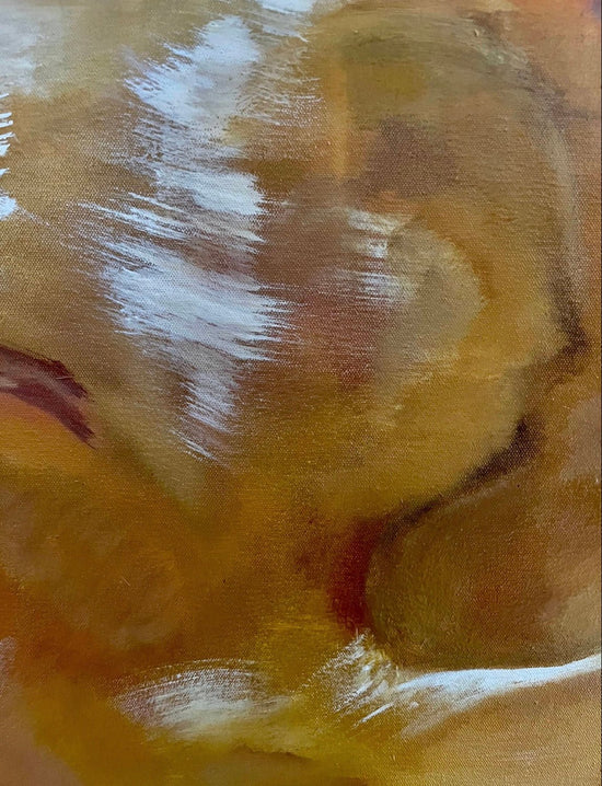 Detail of Abstract Figures in Landscape Oil Painting #9 showing layered orange, yellow and blue color, lines and drips