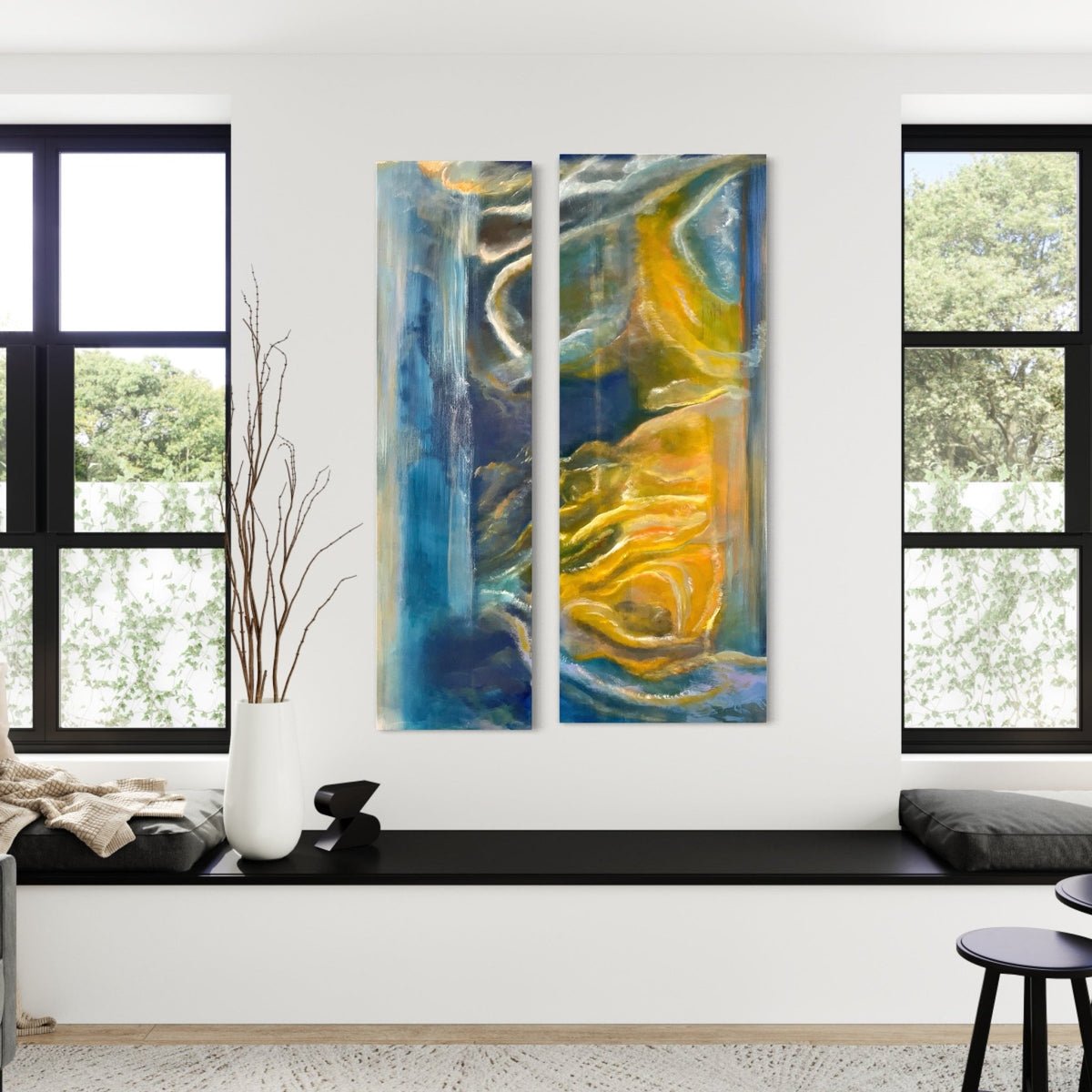  Abstract Figures in Landscape #35 shown as two separate canvases of different widths