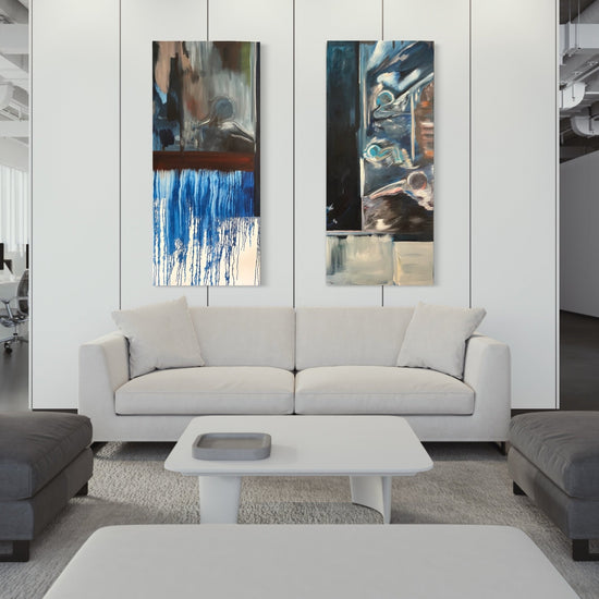 Abstract Figures in Landscape, Oil Painting #16 shown with the two canvases separated