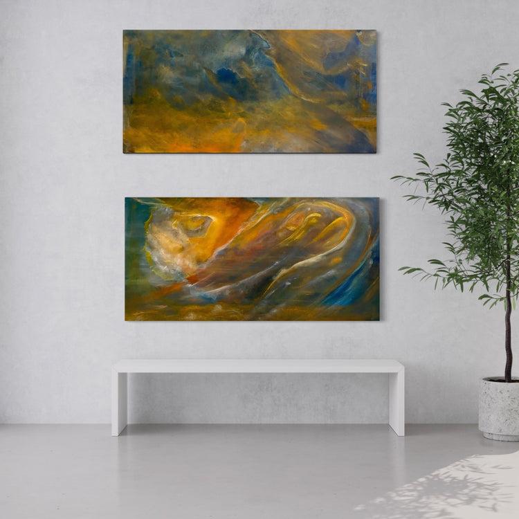 Abstract landscape after light oil painting - Laurie Rubell shown with  two separate canvases 