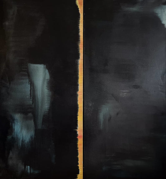  Abstract Oil Painting #14 two-canvas diptych with dark blue and black color by Laurie Rubell