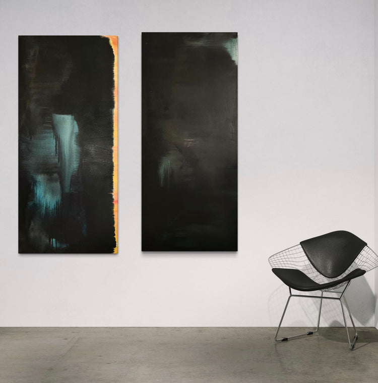 Abstract Oil Painting #14 with the two canvases displayed separately in a contemporary interior