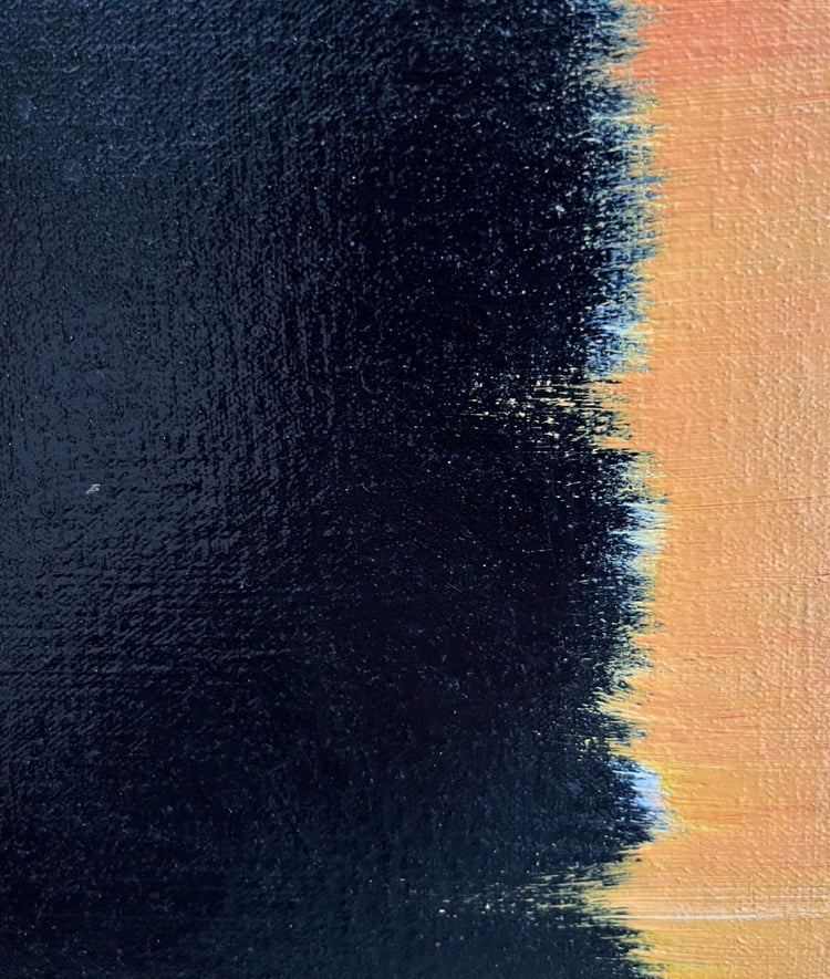  Detail of Abstract Oil Painting #14 showing layered blue and black color, drips and expressive brushwork