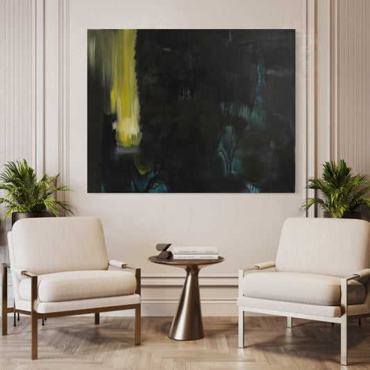 Abstract Painting,Oil on Canvas #8 by Laurie Rubell displayed on a wall 