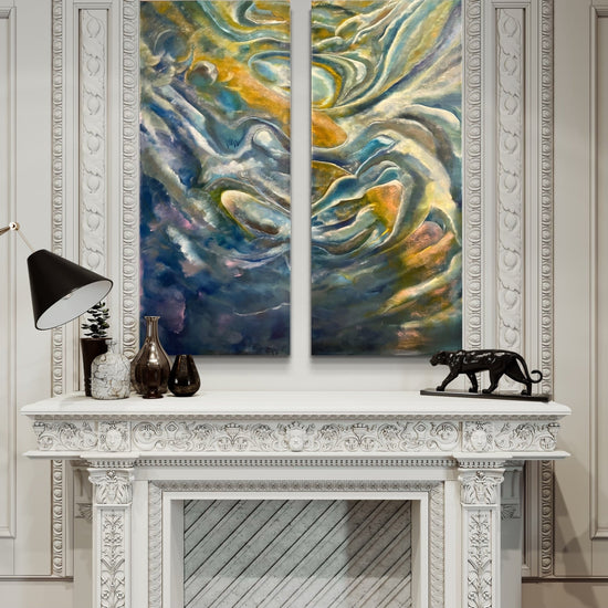     Abstract the Warm Evening Sky diptych by Laurie Rubell, two canvases displayed separately
