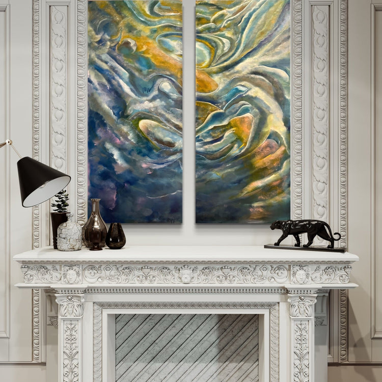     Abstract the Warm Evening Sky diptych by Laurie Rubell, two canvases displayed separately