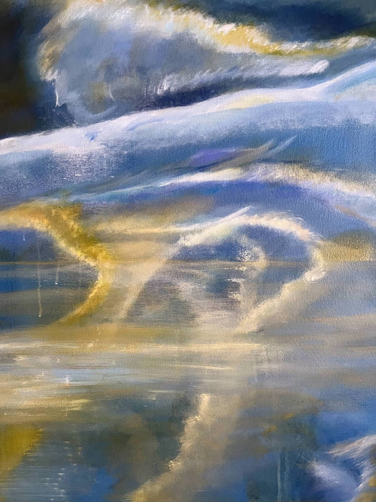 Detail of Collapsing the Sky showing layered purple-blue oil paint and abstract forms
