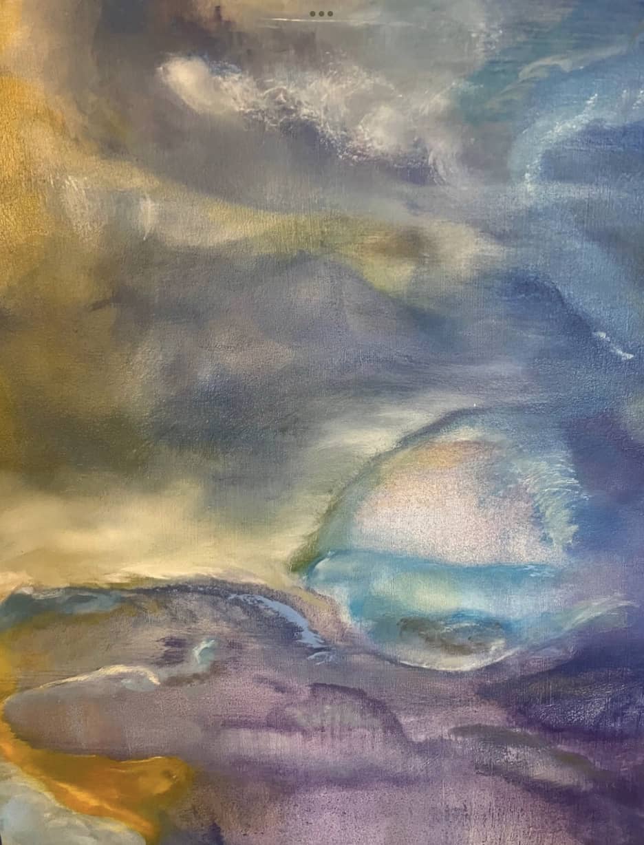     Detail of Dividing the Invisible Star showing layered purple and blue oil paint and expressive brushwork
