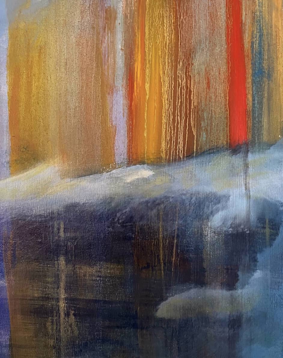 Detail of Dividing the Invisible Star showing vivid color, flowing drips and abstract forms