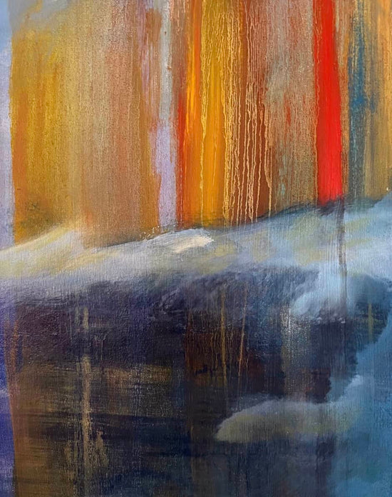 Detail of Dividing the Invisible Star showing vivid color, flowing drips and abstract forms