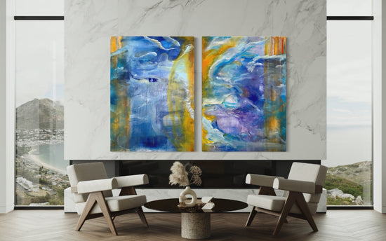 Dividing the Invisible Star abstract diptych displayed on a wall in a contemporary interior