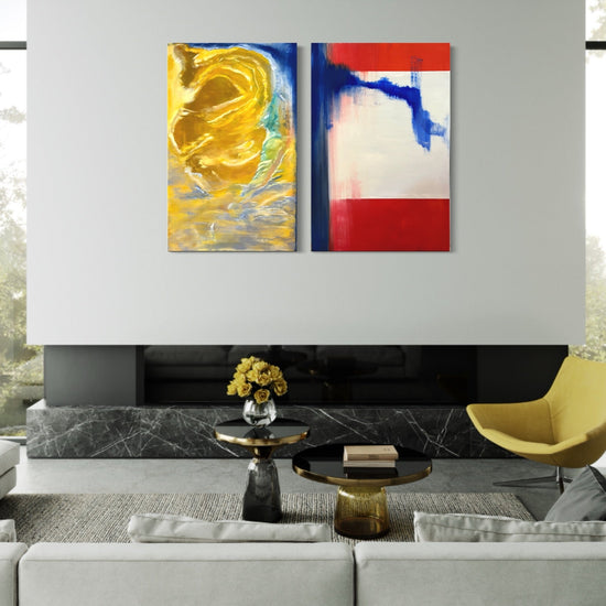 Flag 83 two-canvas abstract oil painting displayed in a modern interior