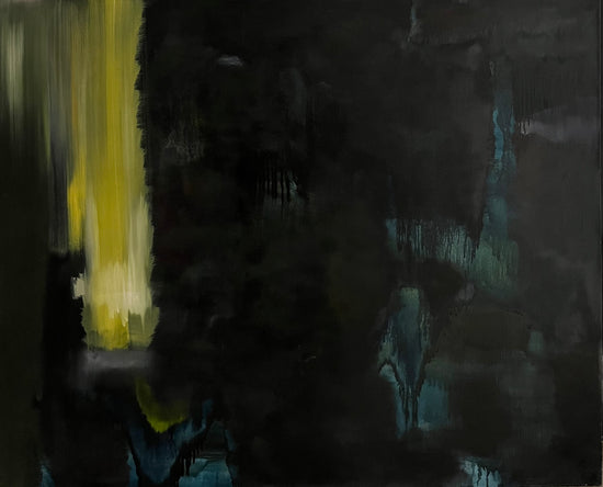 Oil on canvas painting with a dark abstract backround with bright yellow brushstrokes.